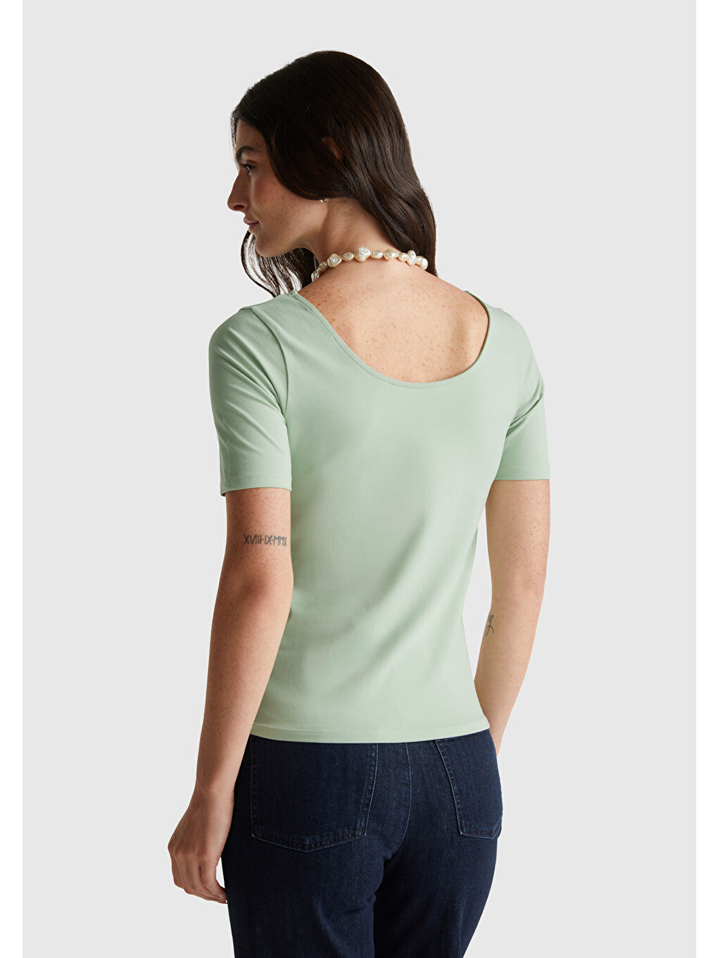 Kadın Mint Yeşili Pamuk Karışımlı Örme Slim Fit Geniş Yaka T-Shirt-2