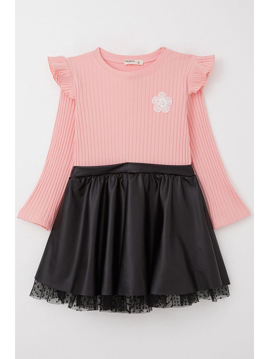 Kız Çocuk Uzun Kollu Elbise Etek Kısmı Deri Çiçek Aksesuarlı Pembe (8 Yaş)