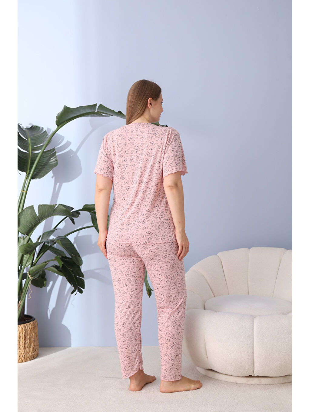 Pembe %100 Pamuklu Kısa Kollu Büyük Beden Kadın Pijama Takımı 50170-4