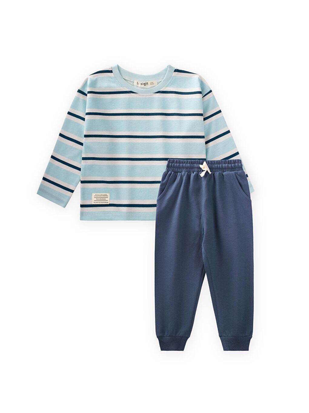 Çizgili Uzun Kollu T-Shırt Takım 2-12 Yaş Turkuaz Lacivert Çizgili