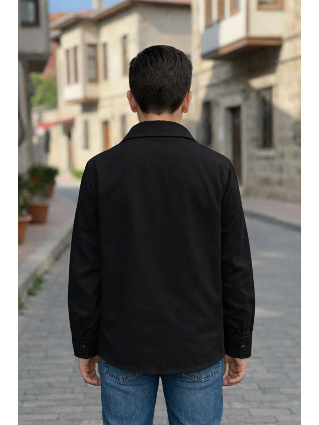 Siyah Erkek Çocuk Çıtçıtlı Gömlek Tişört Üst Takım-1