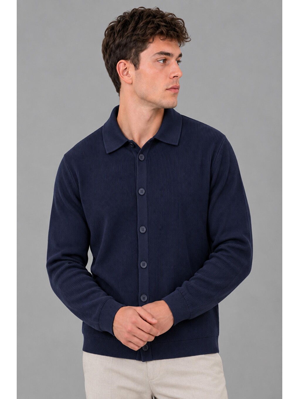 Lacivert Düğmeli Örgü Yakalı Hırka Dp 1055_60400-2
