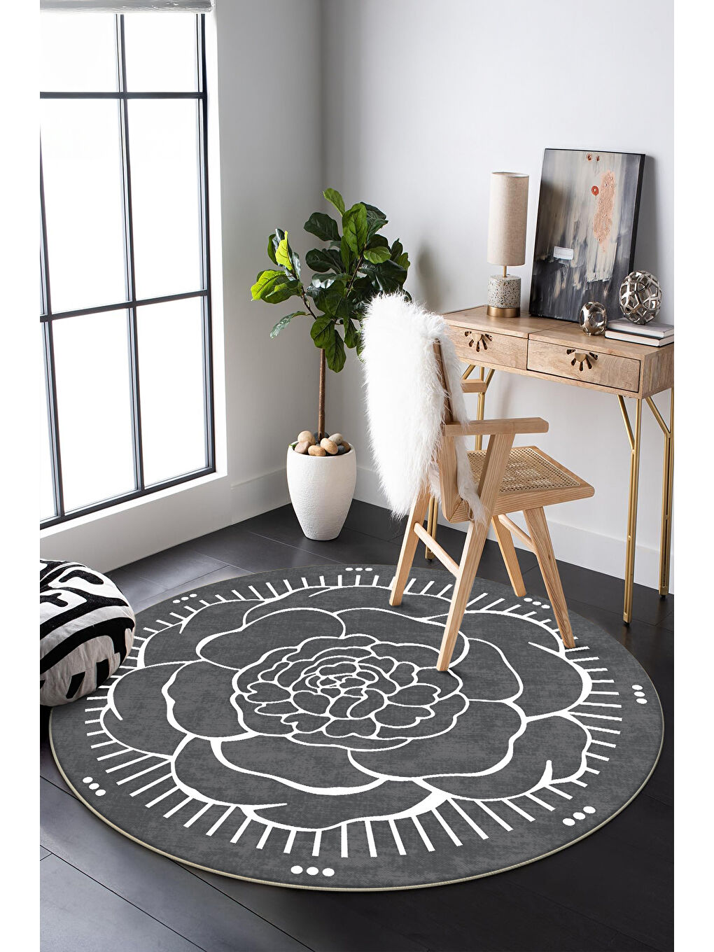 Gri Dekoratif Salon Halısı, Makinada Yıkanabilir, Kaymaz Taban, İnce & Modern Tasarım-3