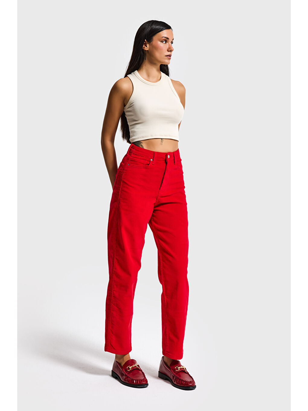 Kadın Kırmızı 26w5-19 Relax Fit Velvet Kadife Kumaş Pantolon-4