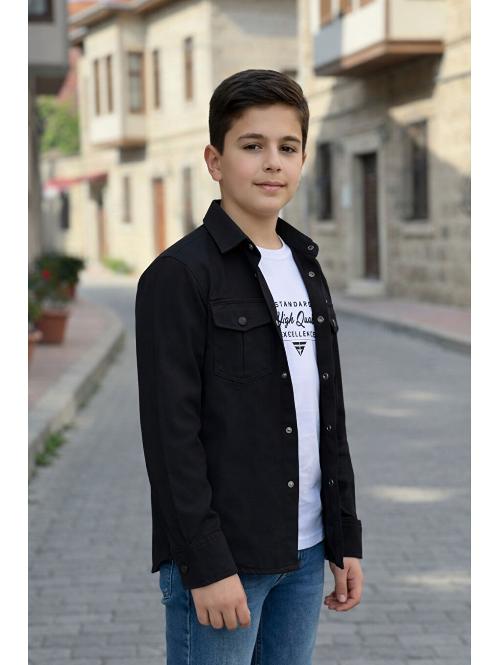 Siyah Erkek Çocuk Çıtçıtlı Gömlek Tişört Üst Takım-2