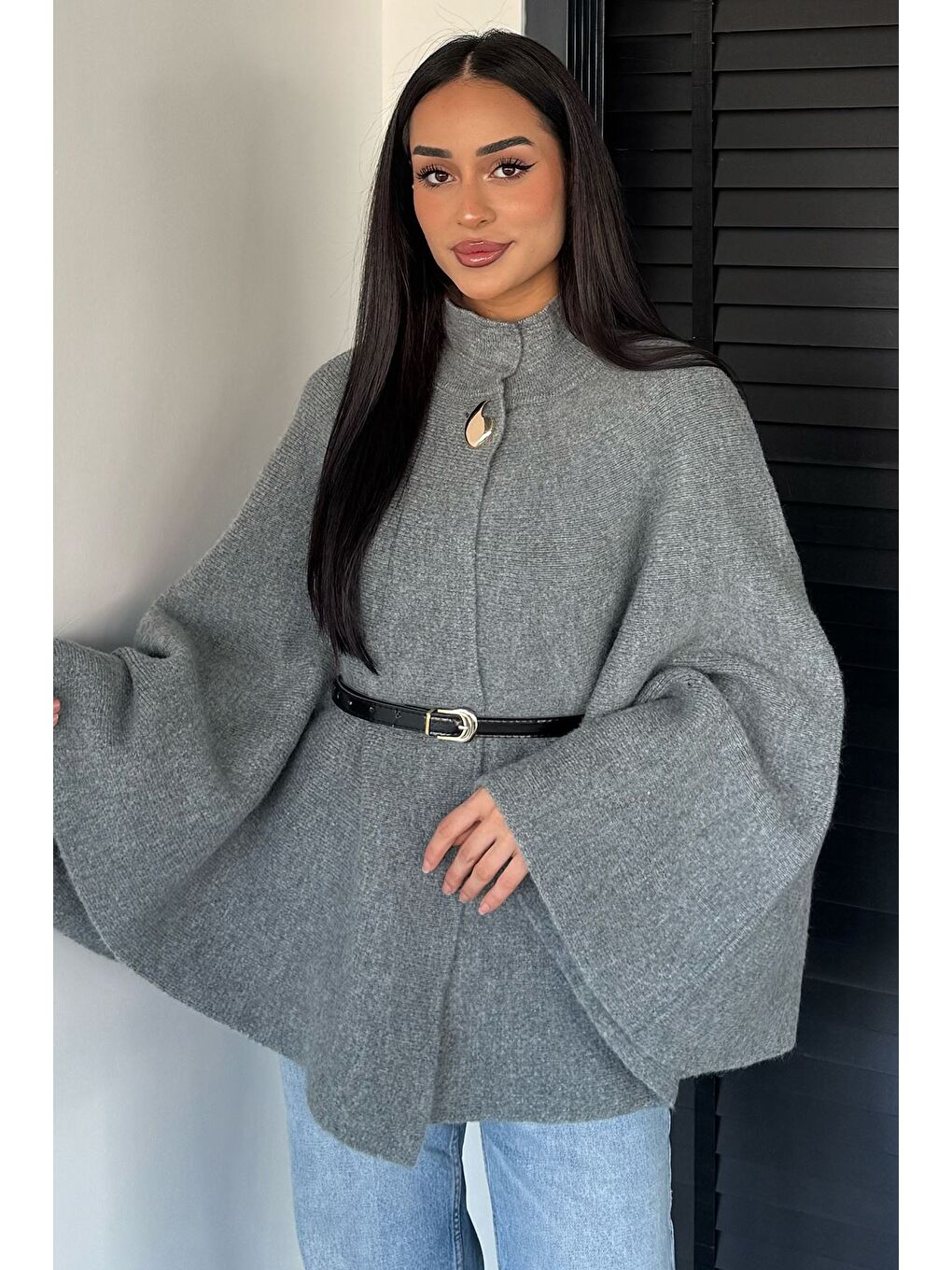 Gri Kemerli Triko Panço-1