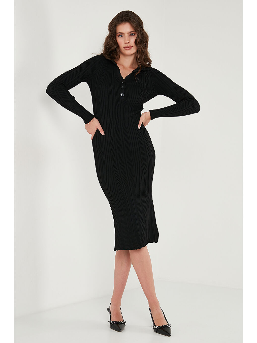 Siyah Premium Fitilli V Yaka Slim Fit Midi Boy Triko Elbise 680EL00282-1