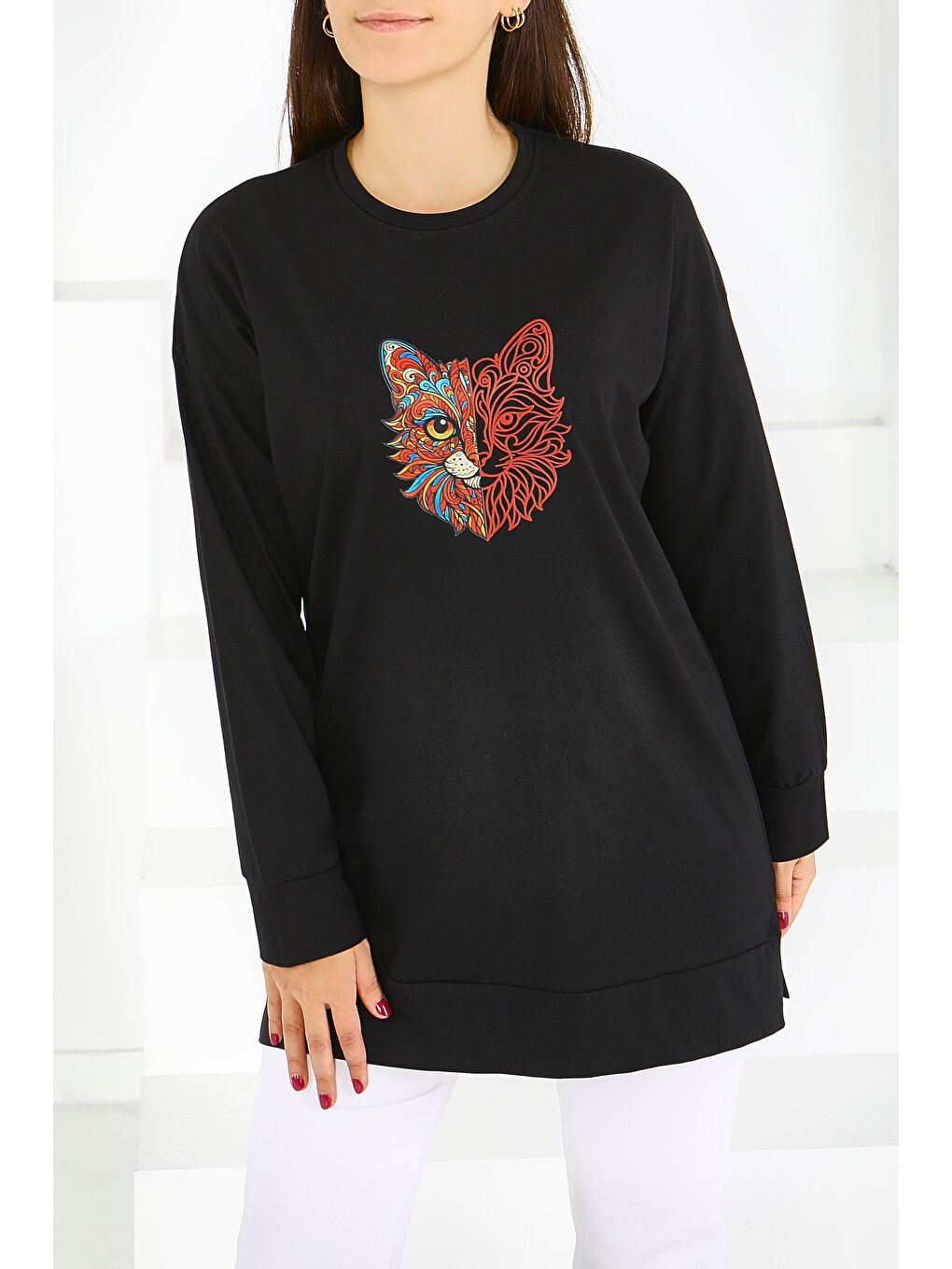 Uzun Kollu Baskılı Süprem Tunik Siyah - 27586