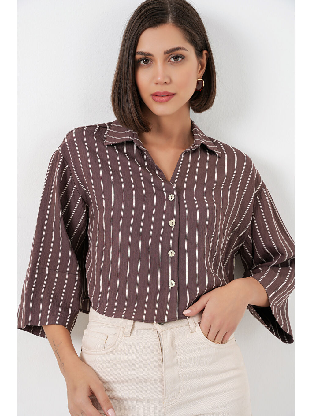 Kadın Çizgili Oversize Kısa Gömlek 20326 - Kahverengi