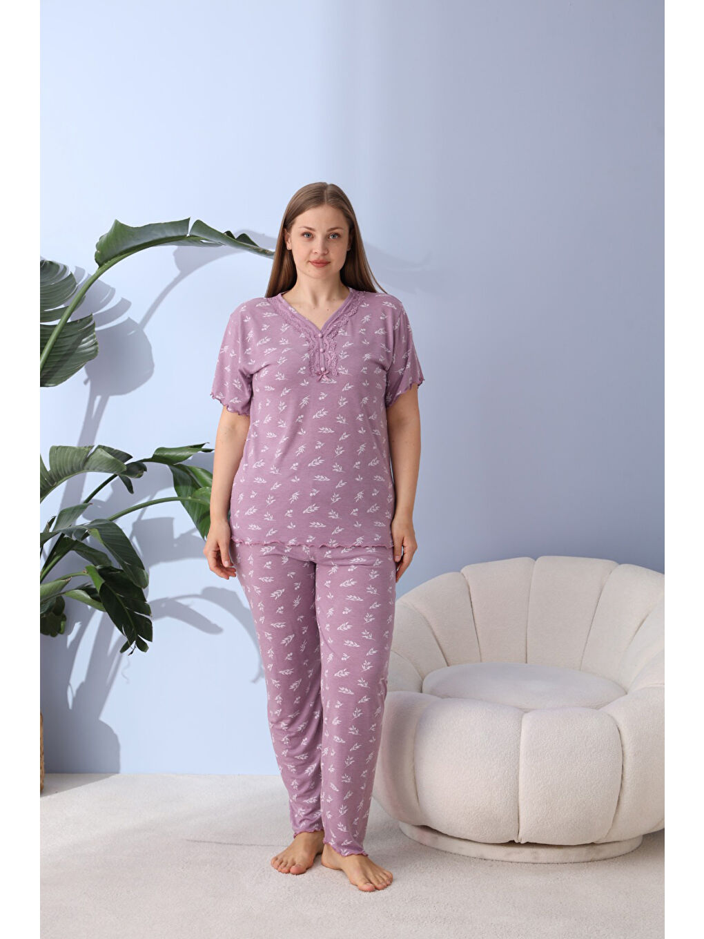 Lila %100 Pamuklu Kısa Kollu Büyük Beden Kadın Pijama Takımı 50170-3
