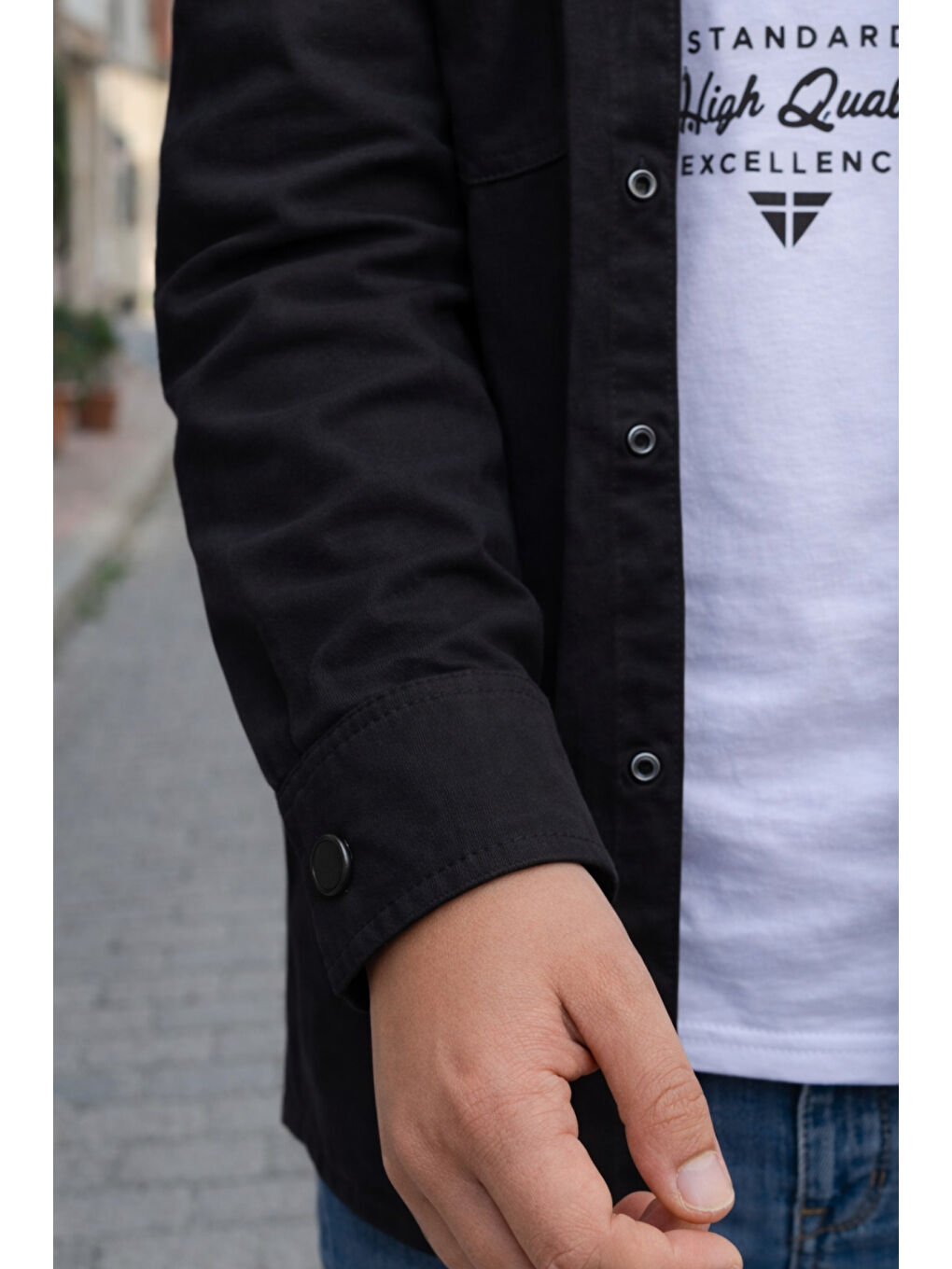 Siyah Erkek Çocuk Çıtçıtlı Gömlek Tişört Üst Takım-4