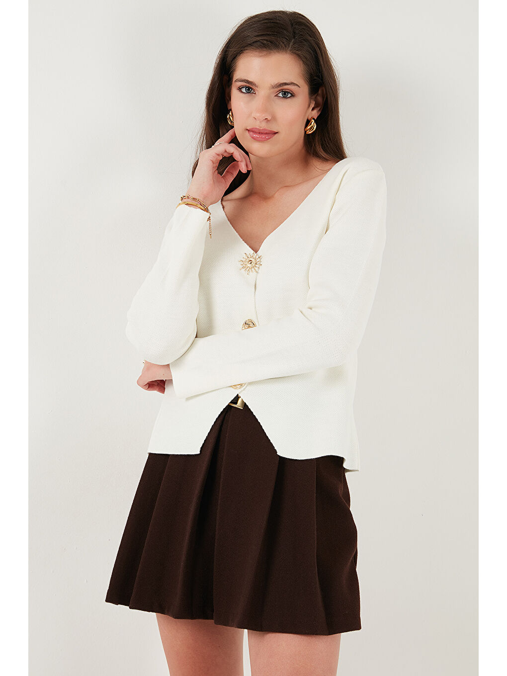 Ekru Premium Regular Fit V Yaka Düğmeli Triko Hırka 680HI00121-5