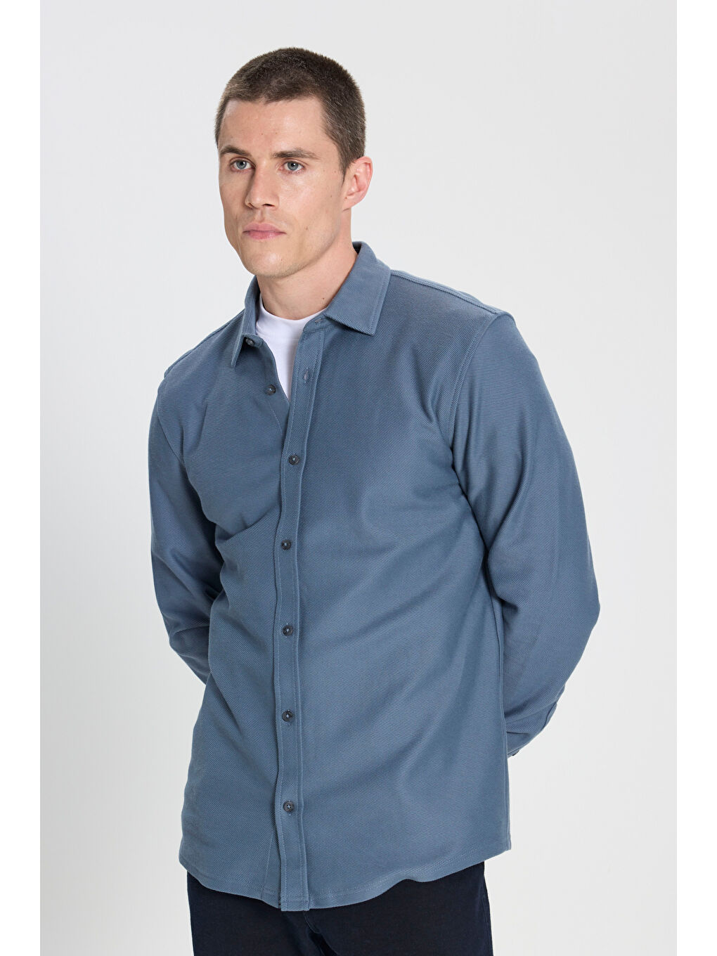 Regular Fit Normal Kesim %100 Pamuk İndigo Gömlek-3