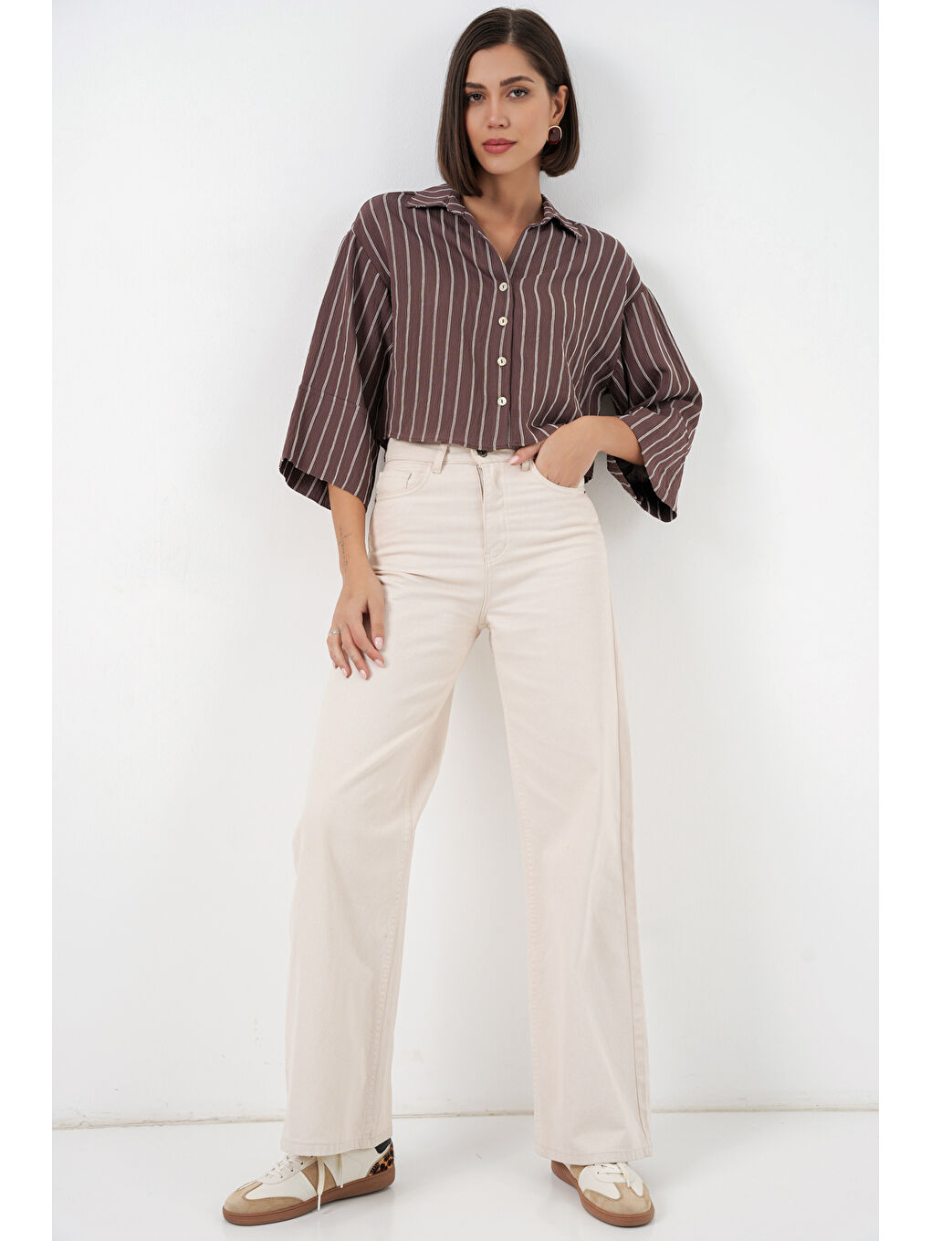 Kadın Çizgili Oversize Kısa Gömlek 20326 - Kahverengi-1