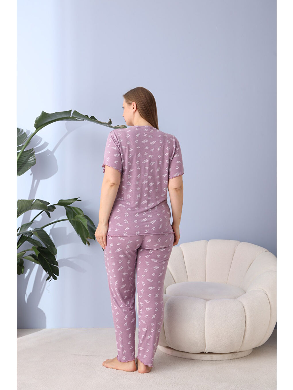 Lila %100 Pamuklu Kısa Kollu Büyük Beden Kadın Pijama Takımı 50170-4