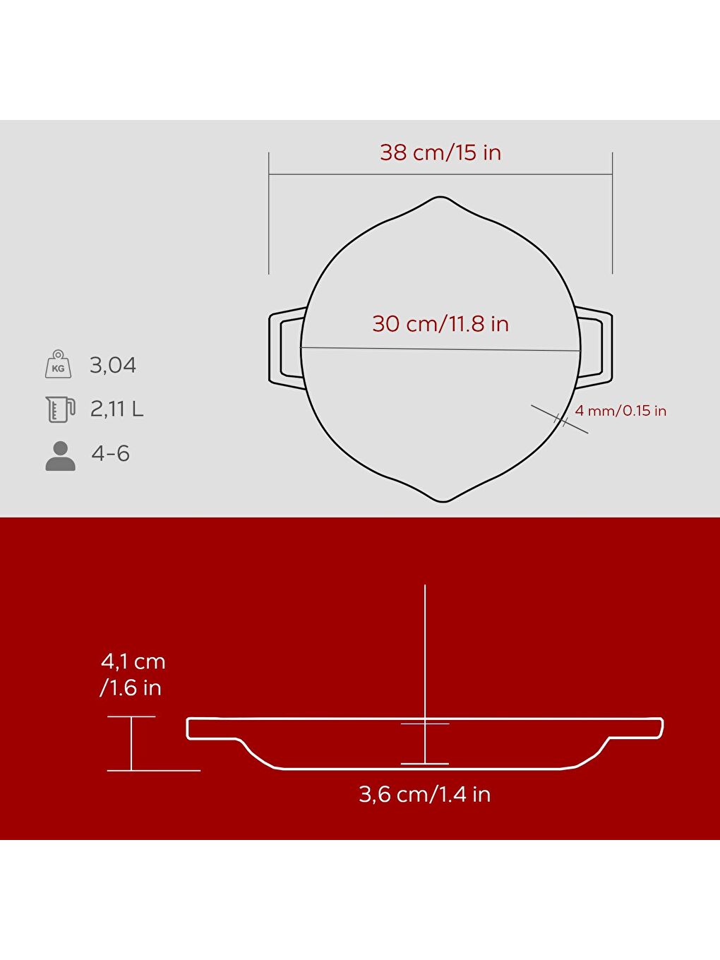 Bordo Yuvarlak Kızartma Tavası Döküm Demir Yekpare Çift Kulplu Çap(Ø)30cm.-4