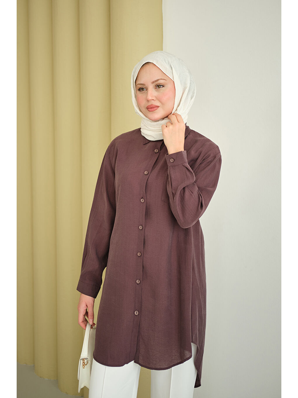 Kadın Basic Uzun Gömlek Mürdüm-2