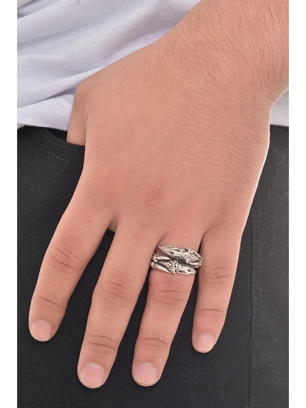 Gri Erkek Antik Gümüş Kartal Pençesi Yüzük-1