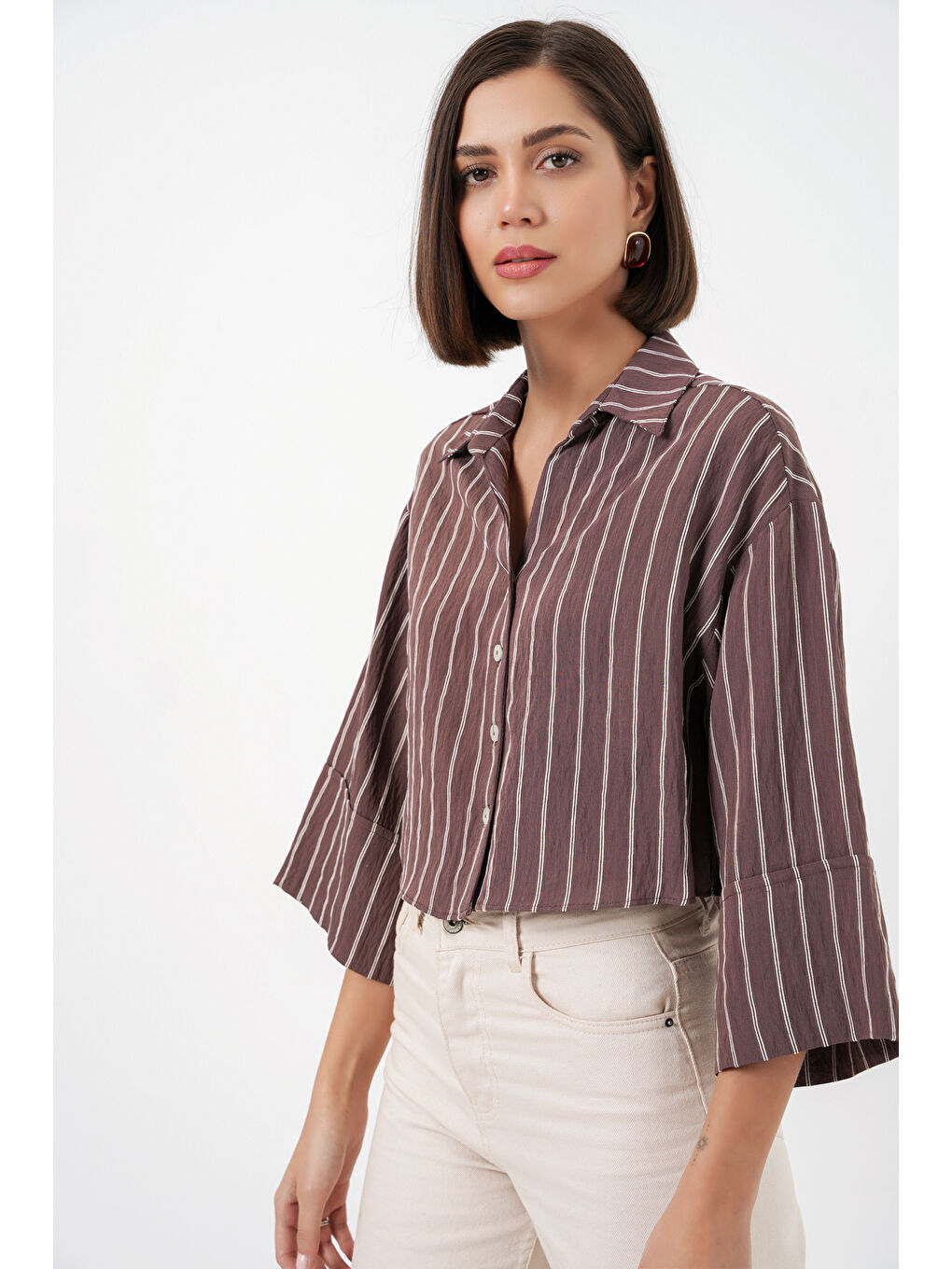 Kadın Çizgili Oversize Kısa Gömlek 20326 - Kahverengi-2