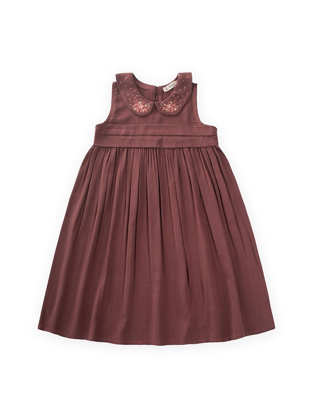 Mürdüm Kız Çocuk Nakışlı Keten Elbise