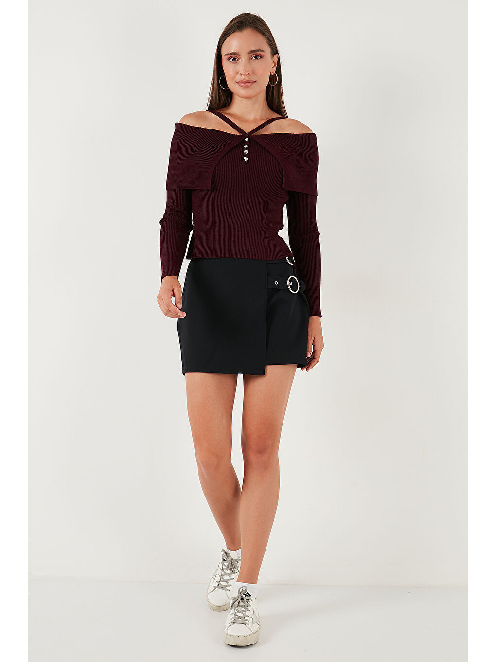 Bordo Premium Fitted Fit Carmen Yaka İp Askı Detaylı Triko Kazak 680KZ00076-1