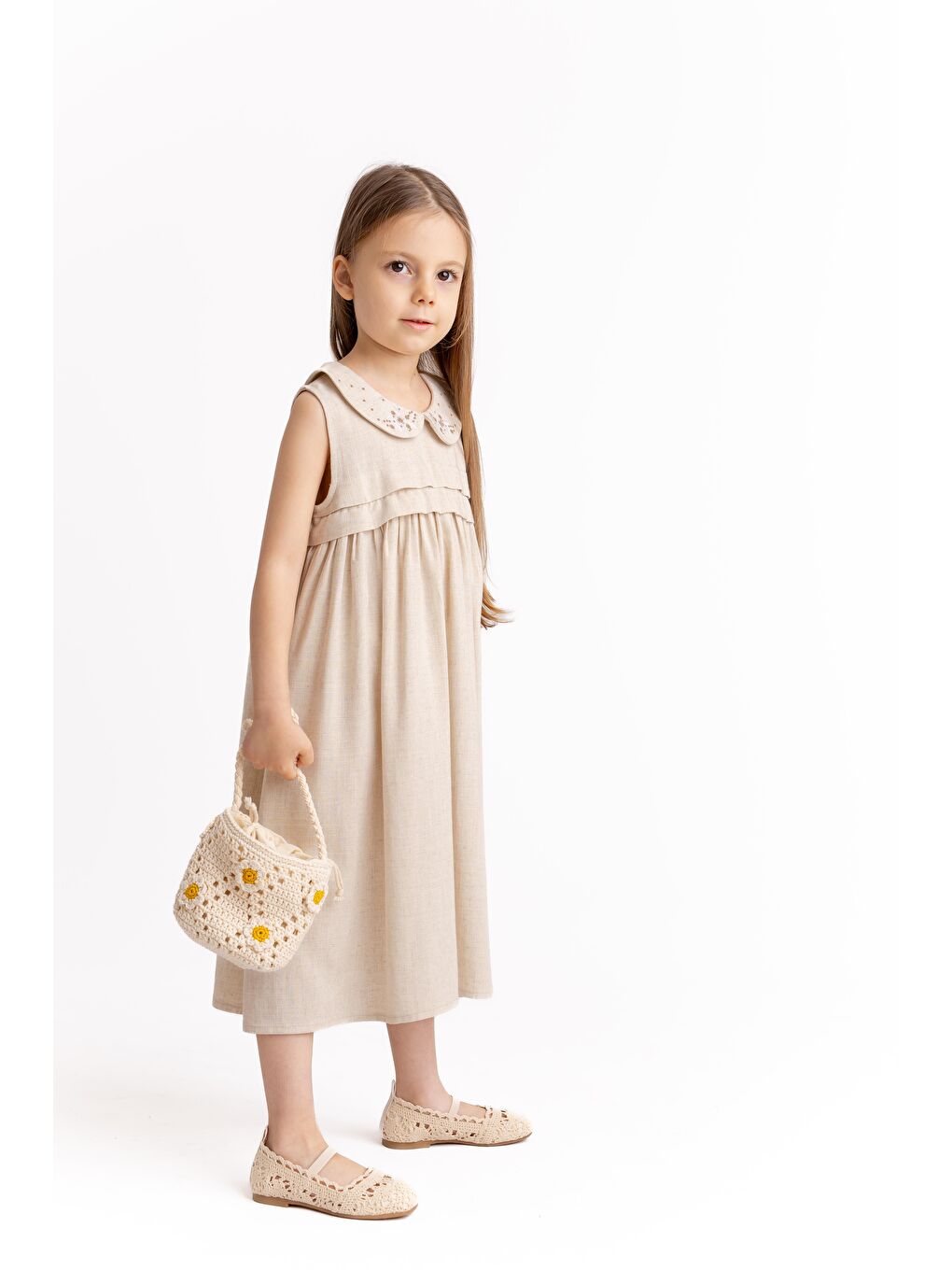 Ekru Kız Çocuk Nakışlı Keten Elbise-1