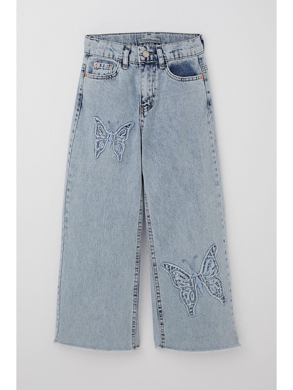 Kız Çocuk Jean Pantolon Kelebek Nakışlı Paçası Püsküllü Açık Mavi (8-9 Yaş)