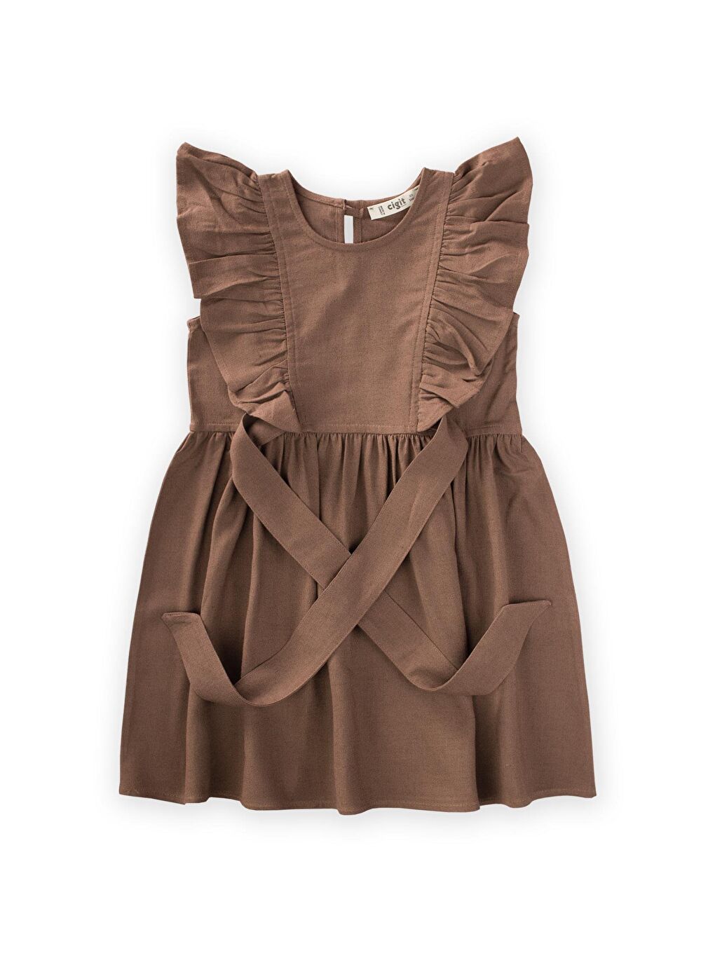 Kahverengi Kız Çocuk Keten Elbise