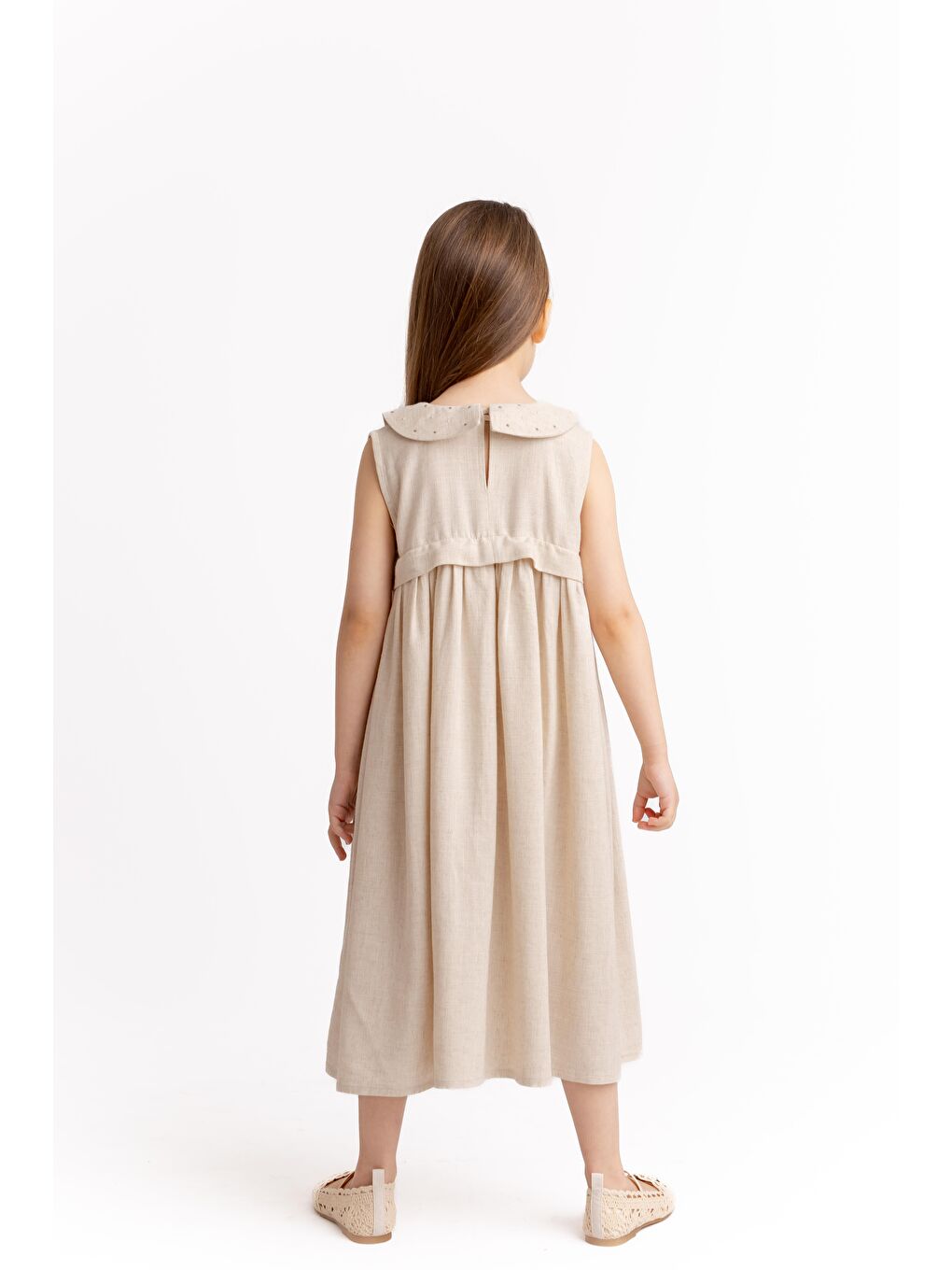 Ekru Kız Çocuk Nakışlı Keten Elbise-2