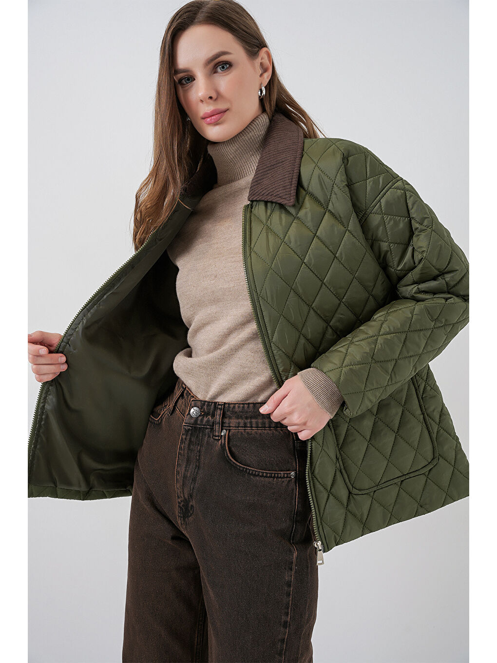 Kadın Kapitone Overisze Mont 5229 - Haki-3