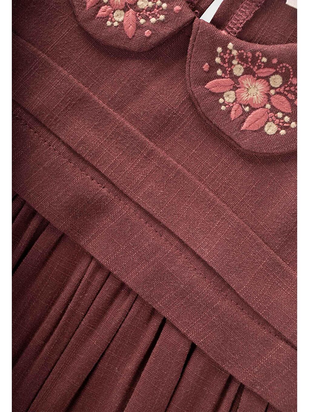 Mürdüm Kız Çocuk Nakışlı Keten Elbise-2