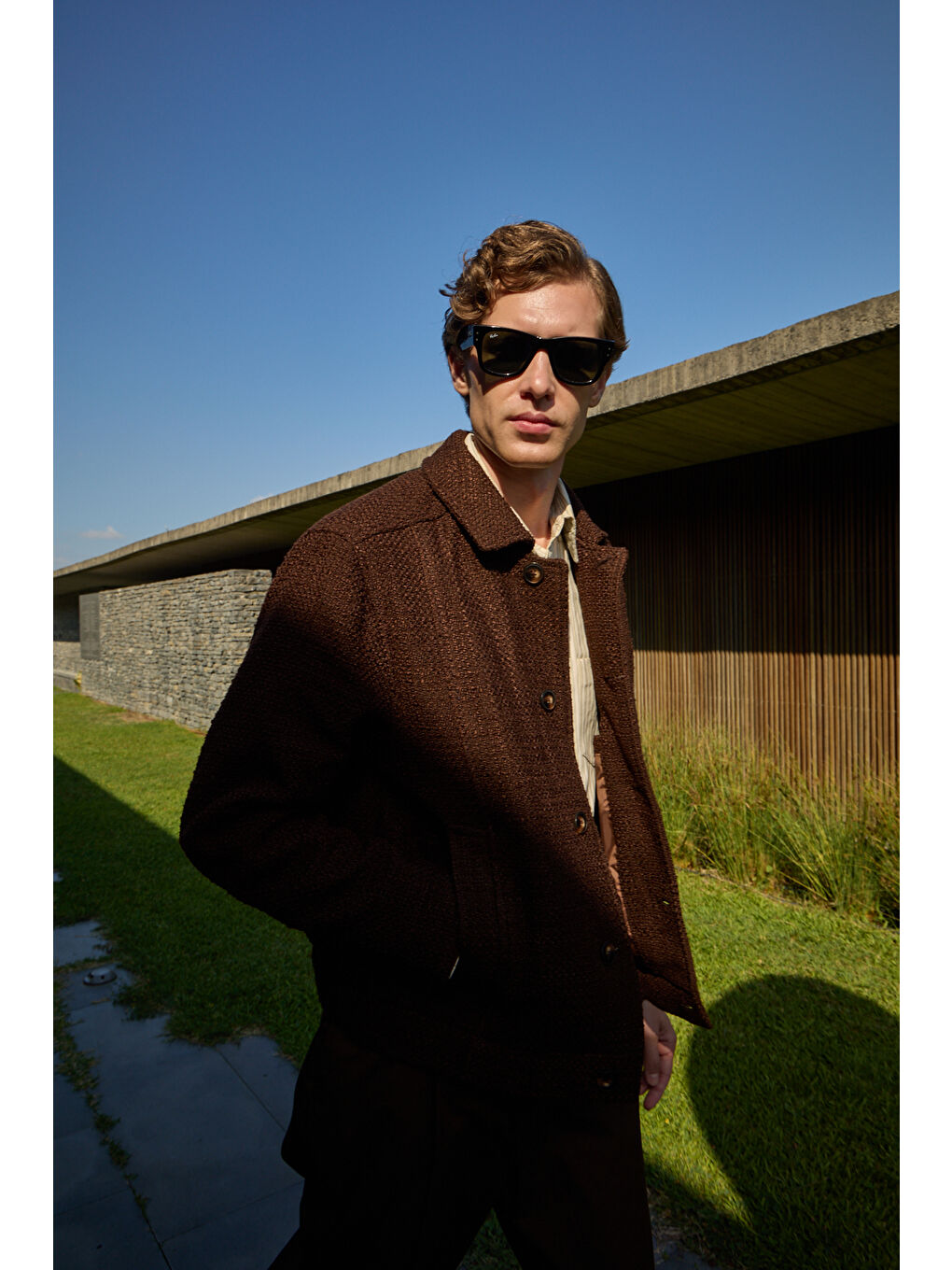 Erkek Tasarım Kumaş Teknik Mont Ceket Kahverengi-3