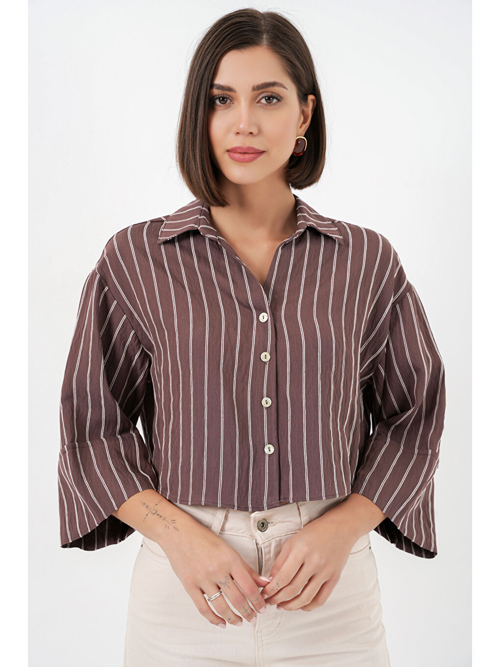 Kadın Çizgili Oversize Kısa Gömlek 20326 - Kahverengi-3