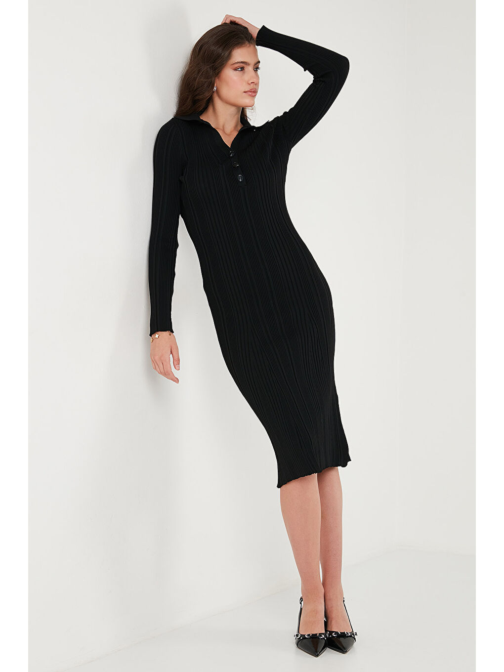 Siyah Premium Fitilli V Yaka Slim Fit Midi Boy Triko Elbise 680EL00282-3