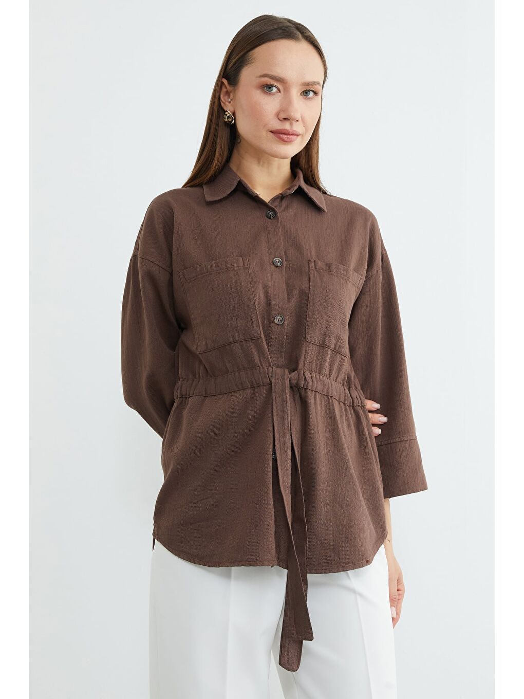 Kahverengi Beli Lastikli Düğmeli Gömlek-2