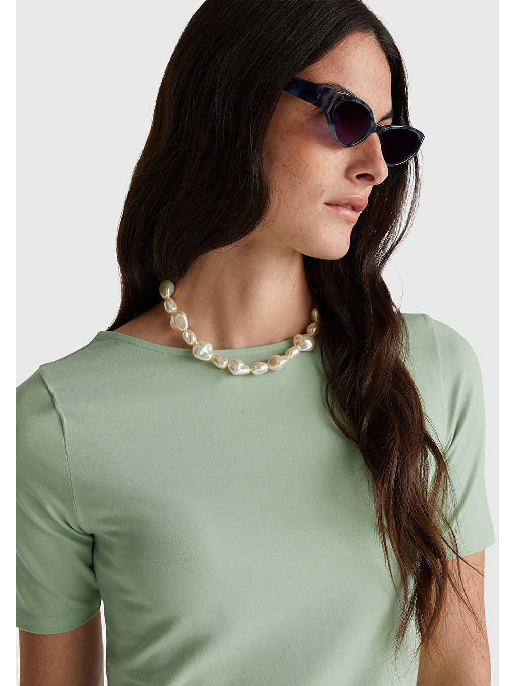 Kadın Mint Yeşili Pamuk Karışımlı Örme Slim Fit Geniş Yaka T-Shirt-4