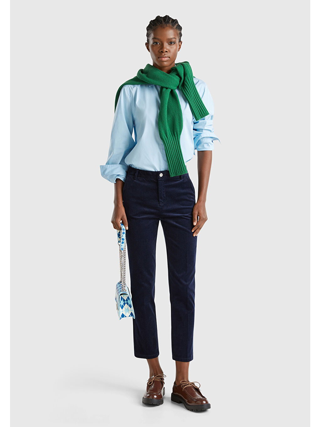 Kadın Lacivert Pamuk ve Modal Karışımlı Önü Cepli Kadife Chino Pantolon-2