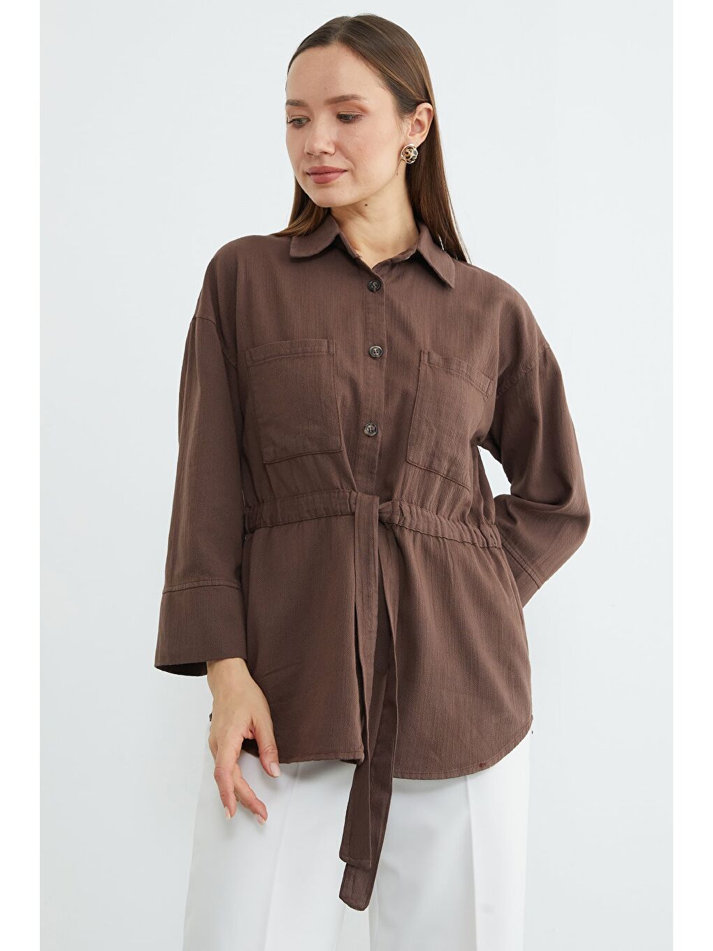 Kahverengi Beli Lastikli Düğmeli Gömlek-3