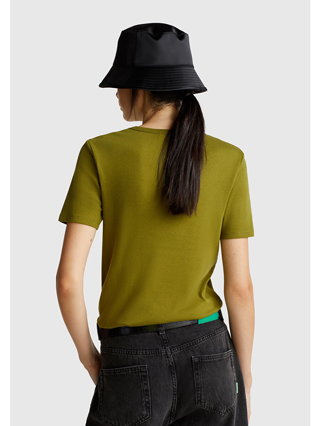 Kadın Haki Yeşili %100 Pamuk Basic Kısa Kollu Bisiklet Yaka T-Shirt-2