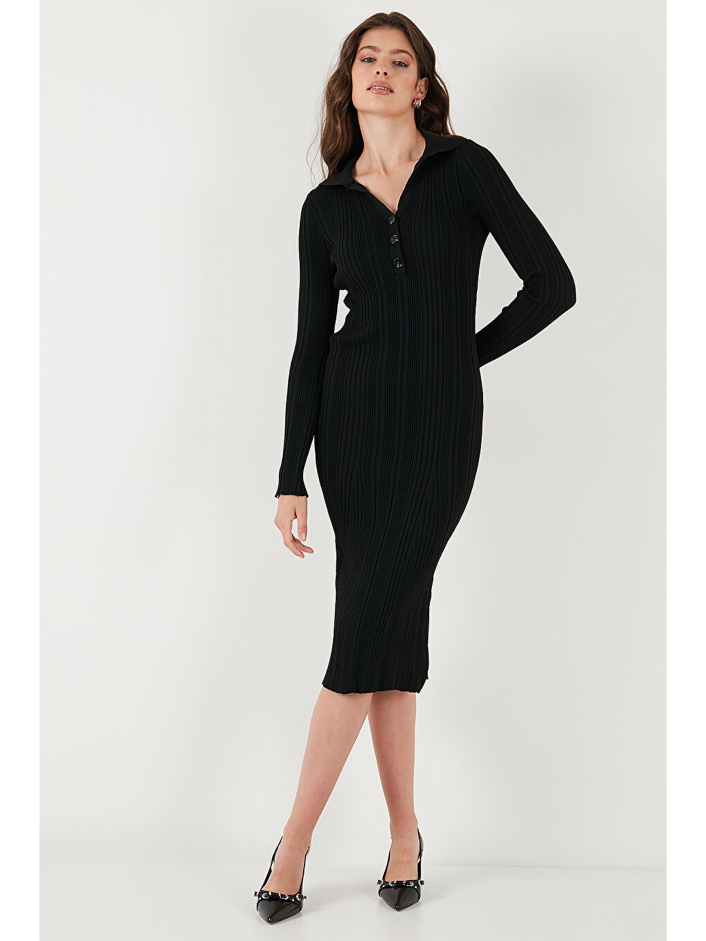 Siyah Premium Fitilli V Yaka Slim Fit Midi Boy Triko Elbise 680EL00282-4