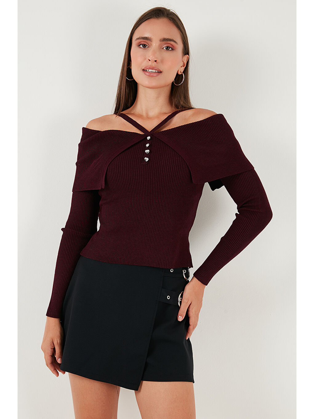 Bordo Premium Fitted Fit Carmen Yaka İp Askı Detaylı Triko Kazak 680KZ00076-2