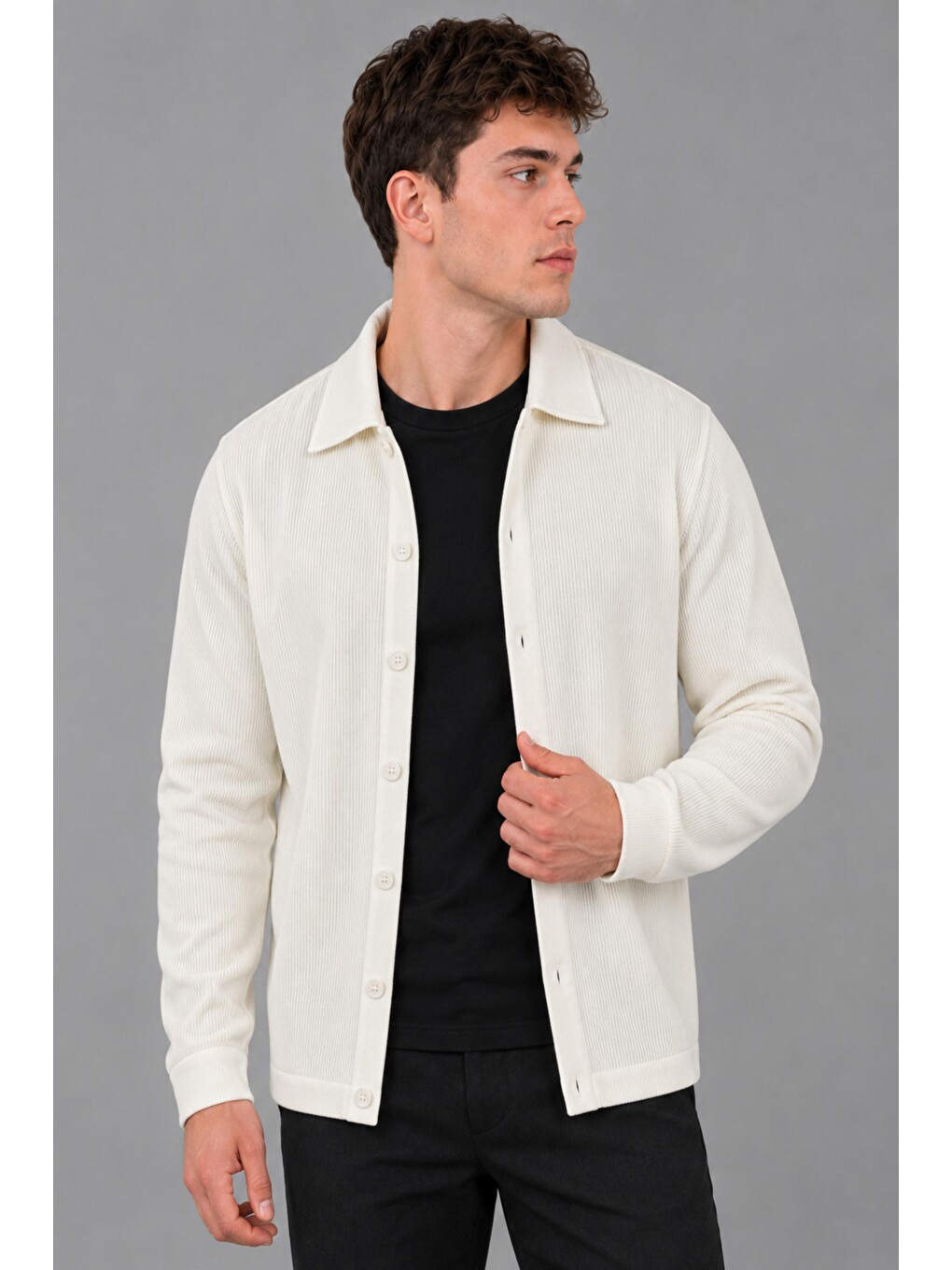 Beyaz Düğmeli Örgü Yakalı Hırka Dp 1055_60400-2