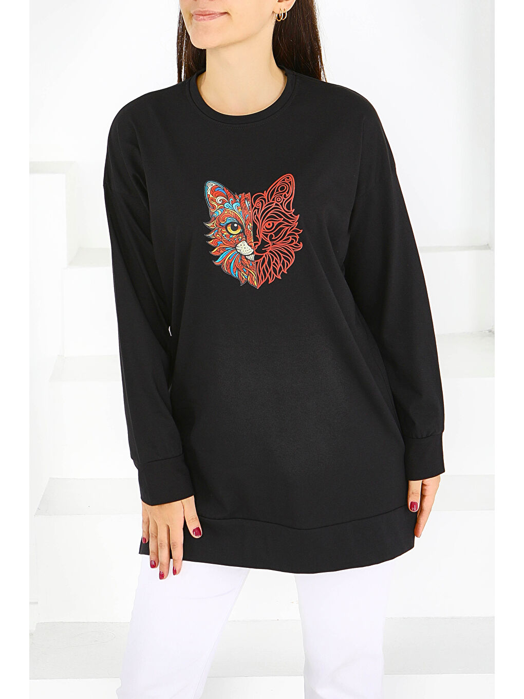 Uzun Kollu Baskılı Süprem Tunik Siyah - 27586-2