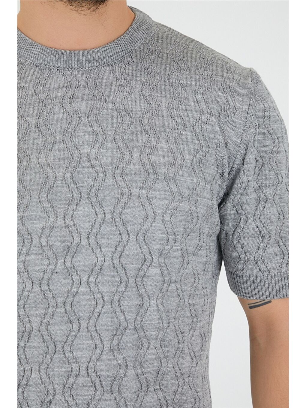Gri Erkek Yuvarlak Yaka Desenli Örme T-shirt-3