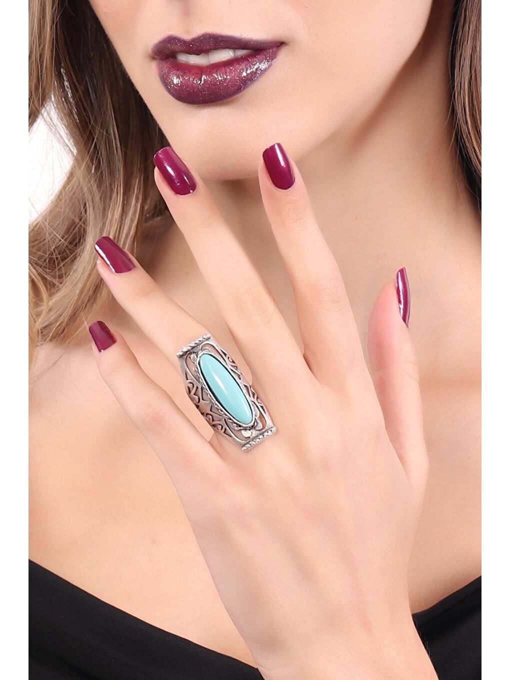 Gri Kadın Antik Gümüş Kaplama Renkli Boncuk Detaylı Ayarlanabilir Otantik Yüzük-2