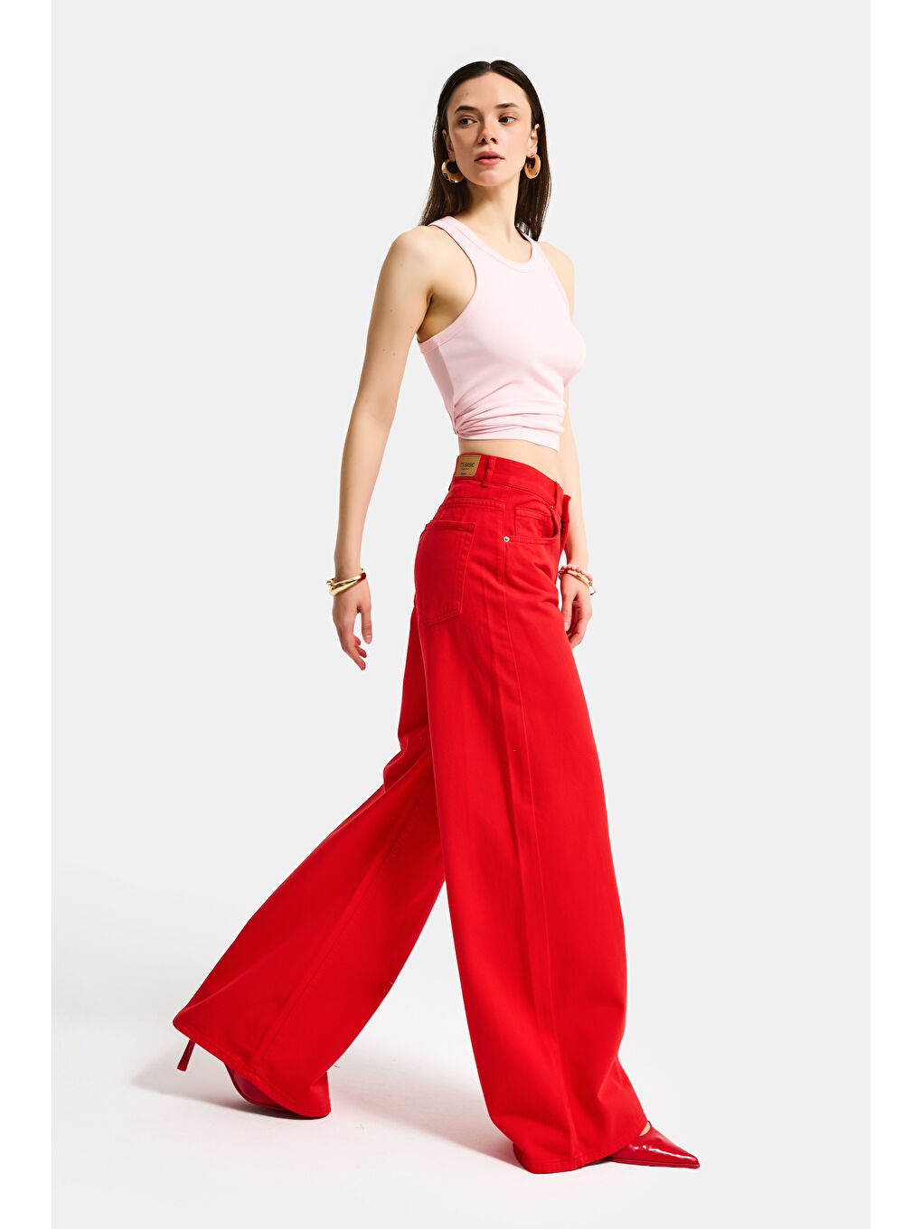 Kadın Kırmızı Hera 6s6-19 Palazzo Fit Bol Kesim Denim Jean-1