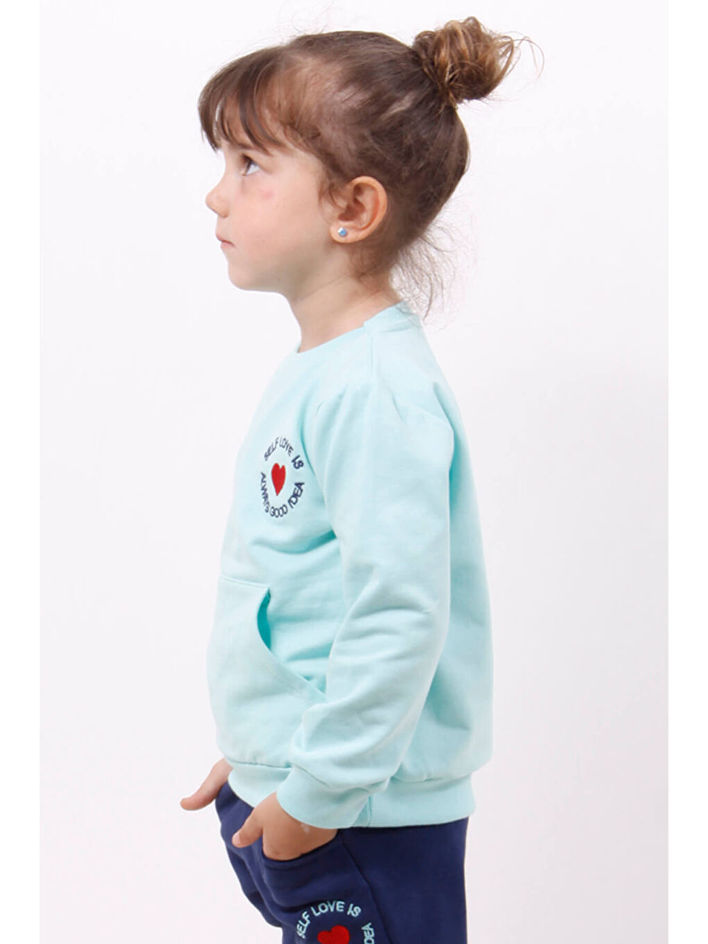 Turkuaz Kız Çocuk Göğsü Kalp Nakışlı Sweatshirt-5