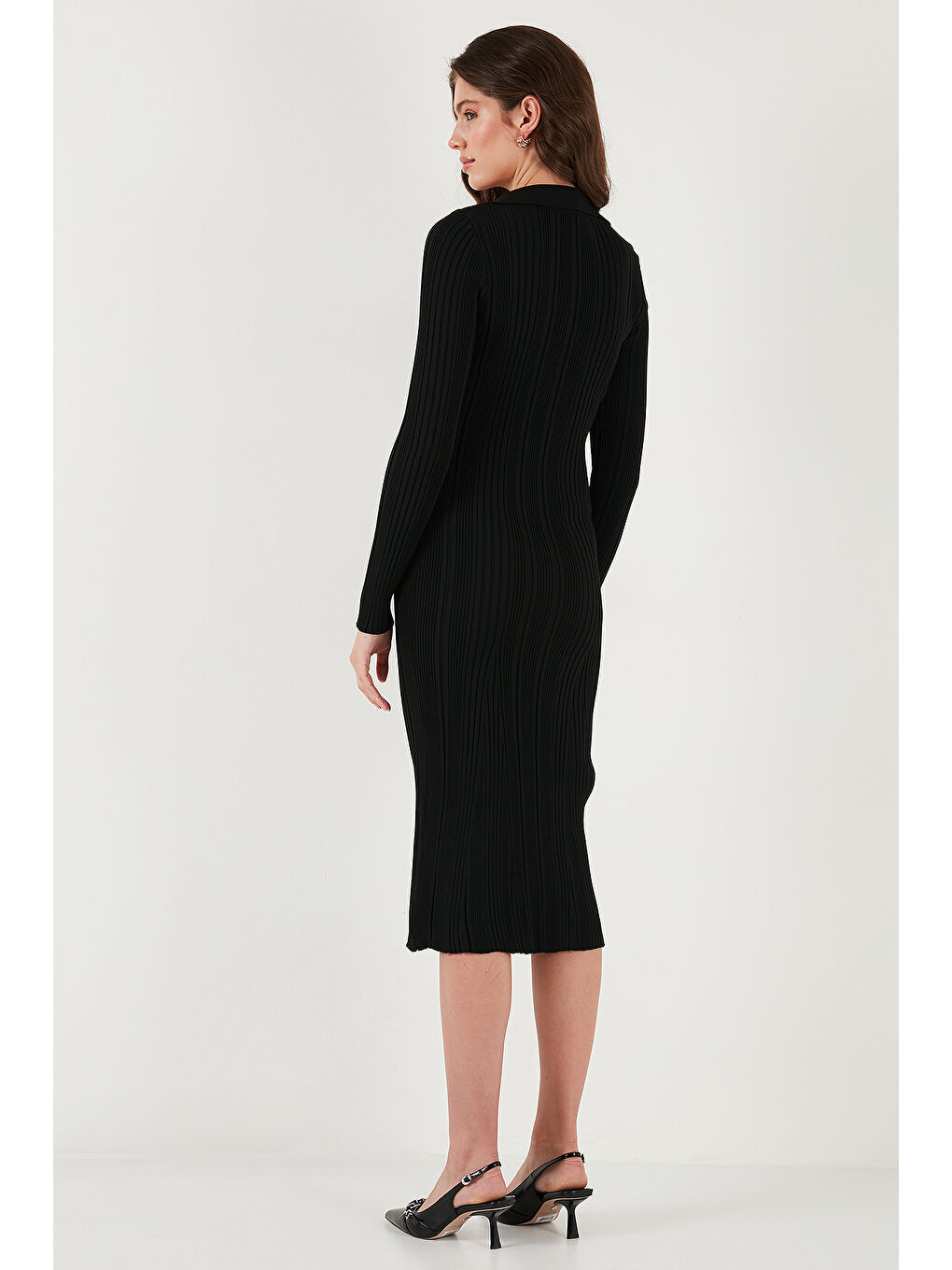 Siyah Premium Fitilli V Yaka Slim Fit Midi Boy Triko Elbise 680EL00282-5