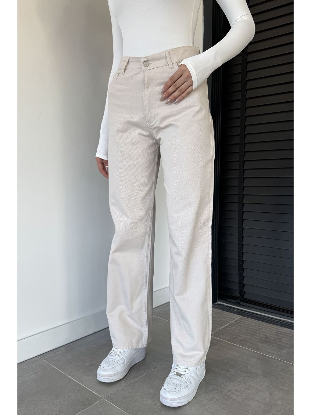 Bej Yüksek Bel Bol Paça Palazzo Kadın Pantolon-1