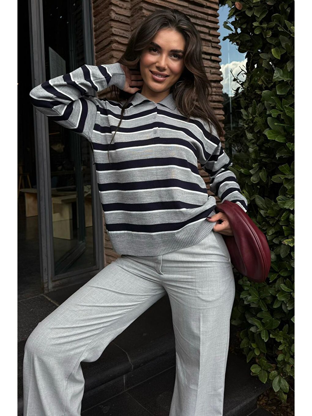 Gri Çizgili Polo Yaka Düğmeli Kadın Kazak Mg2561-3